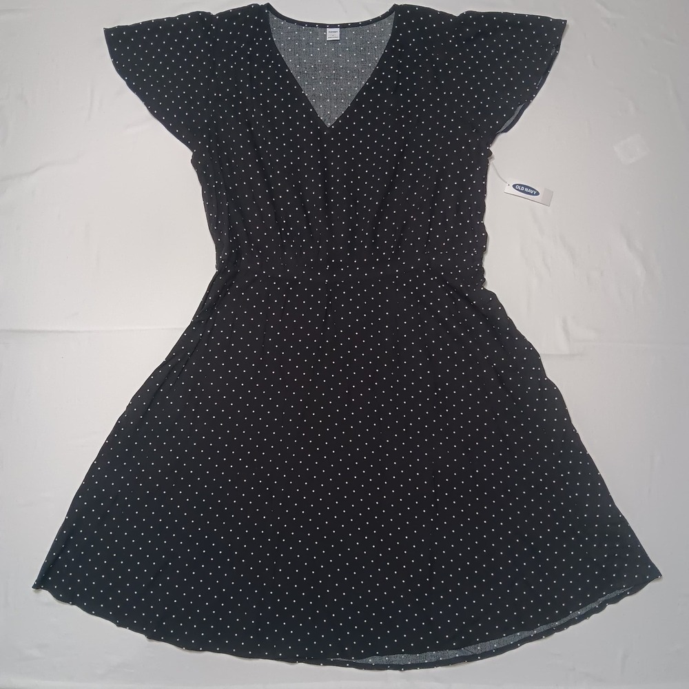 Old Navy Womens Sz L Black White Polka‎ Dot V Neck S/S Dress Fit + Flare NWT